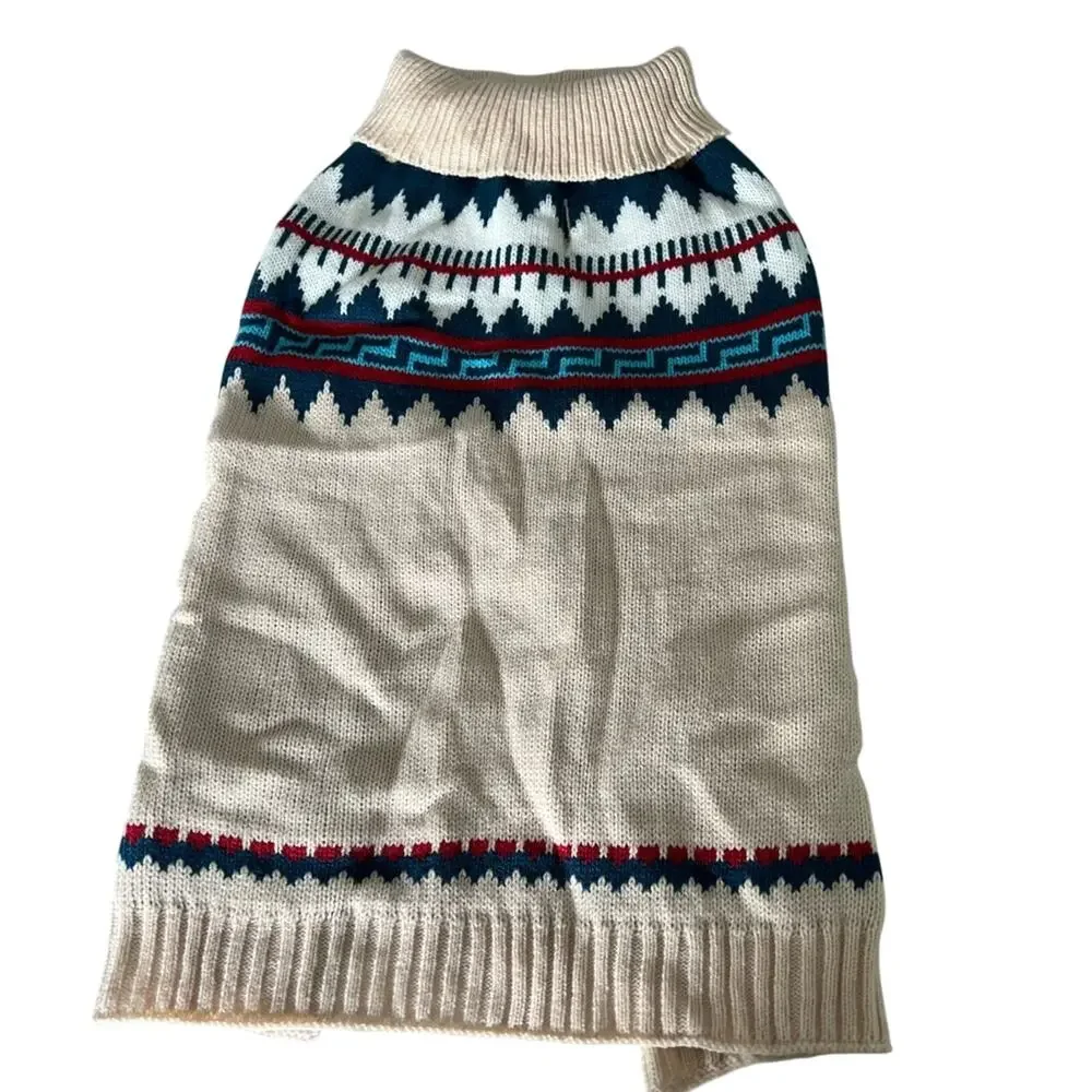 For Pets Dog Sweater Size Large Beige Multicolor Print Knit Pullover Warm